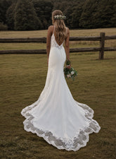 Long V-neck Open Back Satin Lace Mermaid Wedding Dresses